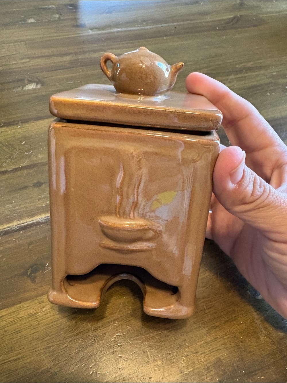 Vintage Ceramic Tea Bag Holder Brown Tan Teapot Lid Kitchen Retro Dispenser